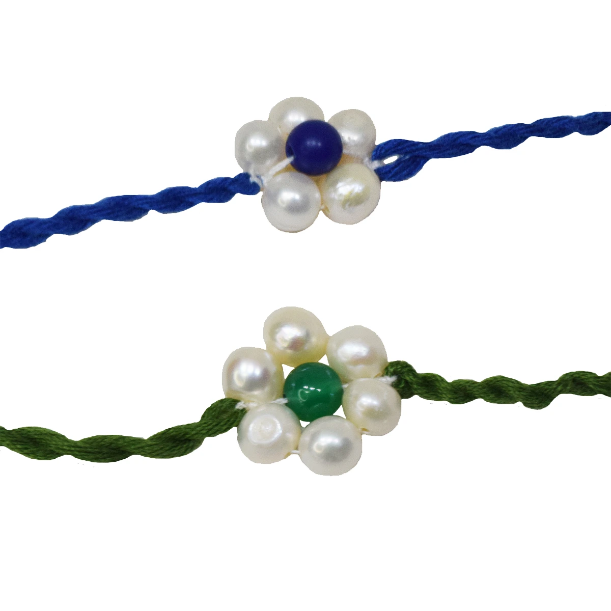 Lapiz Lazuli-Pearl & Green Onyx-Pearl Flower Shaped Rakhi (SNGP7+SNGP9)