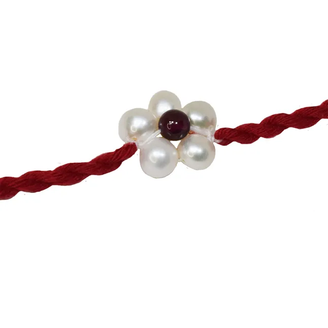 Red Garnet and Pearl Flower shape Rakhi for your Brother (SNGP8)