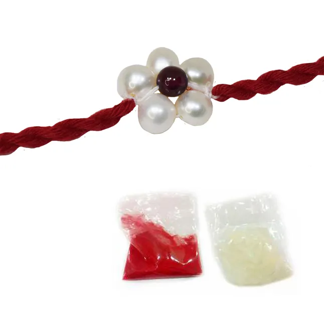 Red Garnet and Pearl Flower shape Rakhi for your Brother (SNGP8)