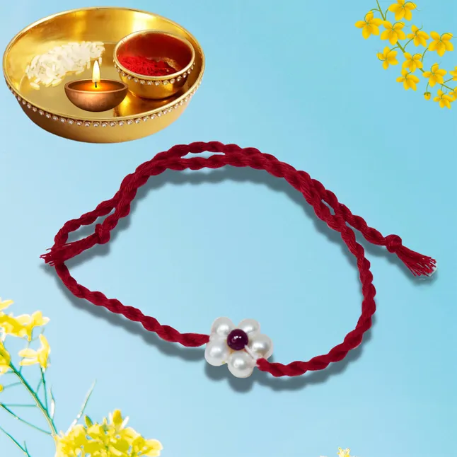 Red Garnet and Pearl Flower shape Rakhi for your Brother (SNGP8)