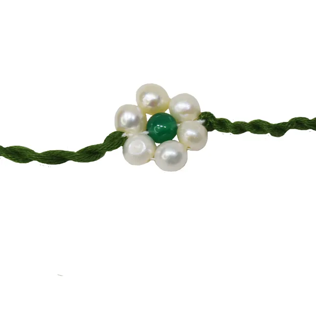 Green Onyx and Pearl Flower Shape Rakhi for your Brother (SNGP9)