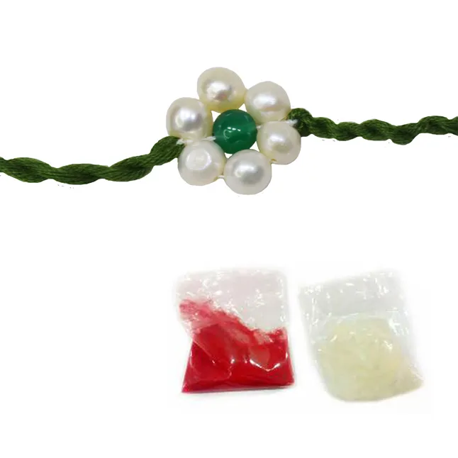 Green Onyx and Pearl Flower Shape Rakhi for your Brother (SNGP9)