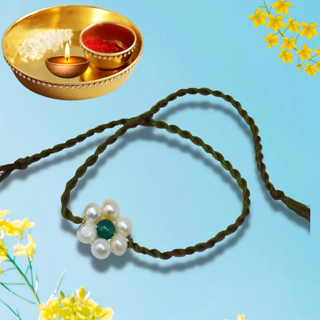Green Onyx and Pearl Flower Shape Rakhi for your Brother (SNGP9)