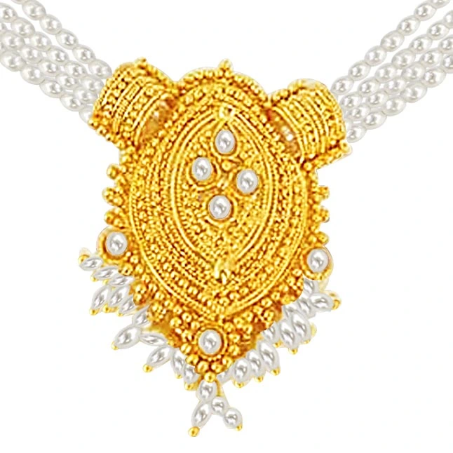 Beautiful Emotion - Gold Plated Temple Design Pendant & 4 Line Freshwater Pearl Necklace for Women (SNP1)