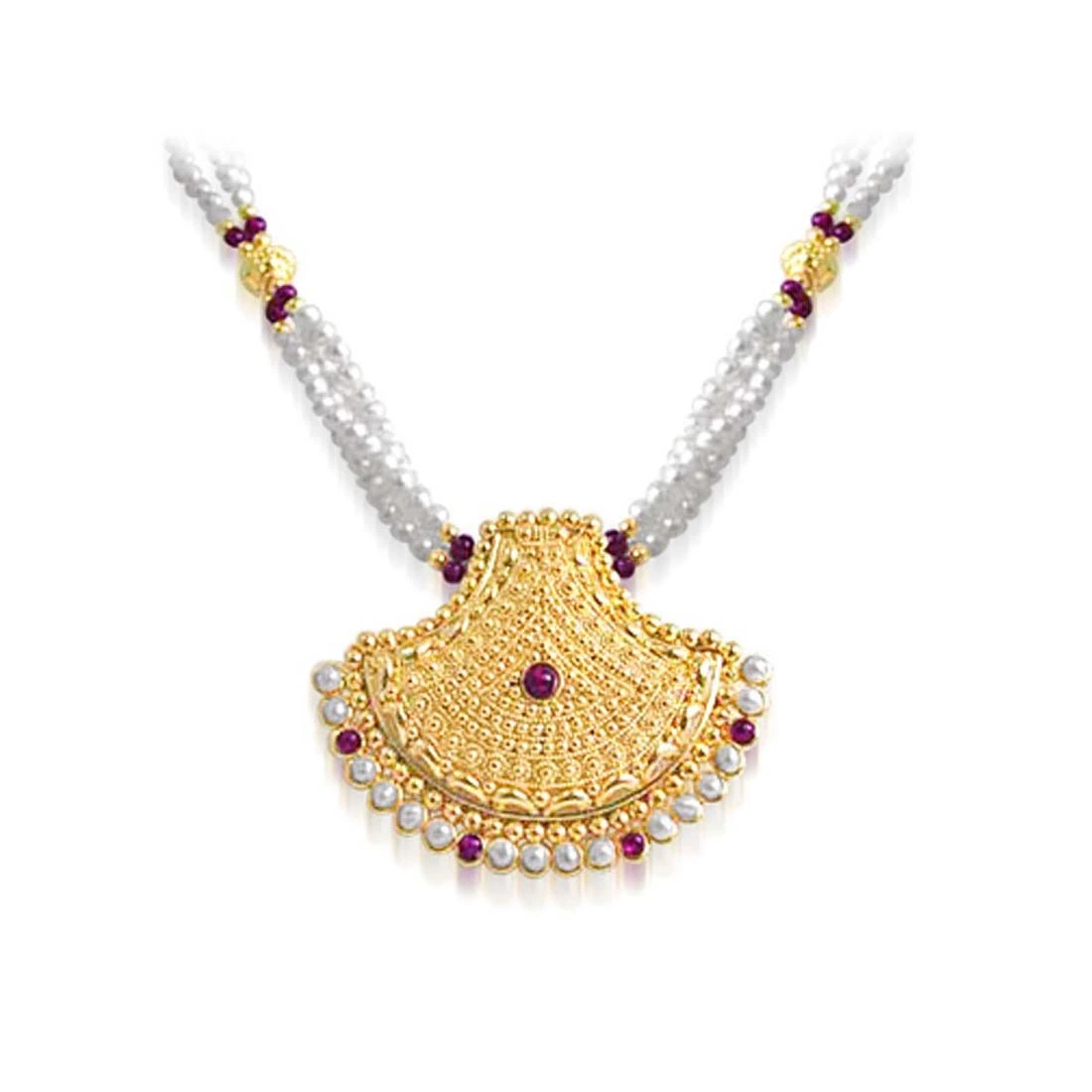 Pearl Glitters - Temple Design Gold Plated Pendant & Three Line Freshwater Pearl & Red Garnet Beads Necklace for Women (SNP10)