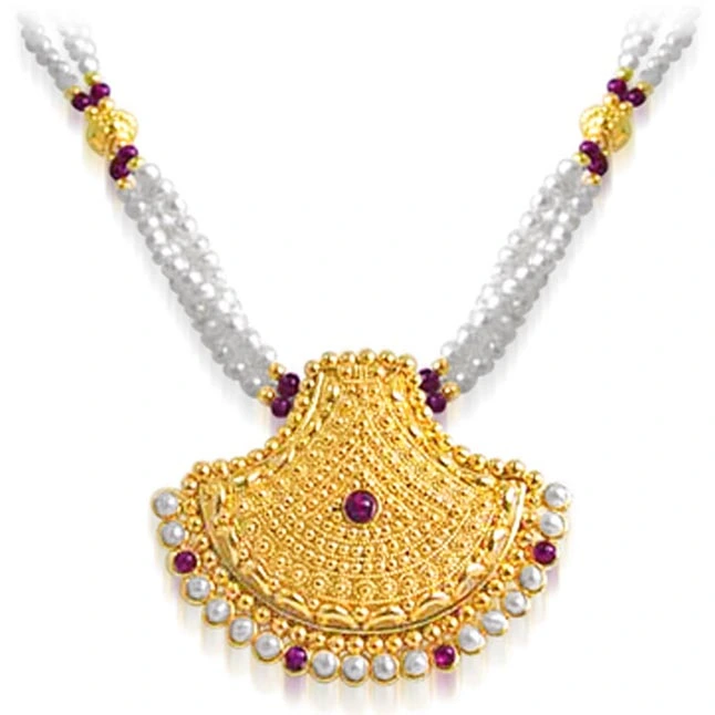 Pearl Glitters - Temple Design Gold Plated Pendant & Three Line Freshwater Pearl & Red Garnet Beads Necklace for Women (SNP10)