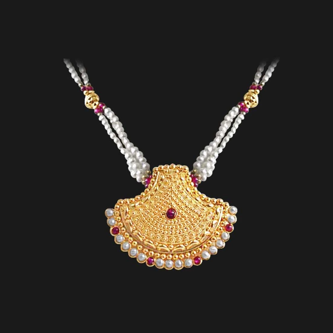 Pearl Glitters - Temple Design Gold Plated Pendant & Three Line Freshwater Pearl & Red Garnet Beads Necklace for Women (SNP10)