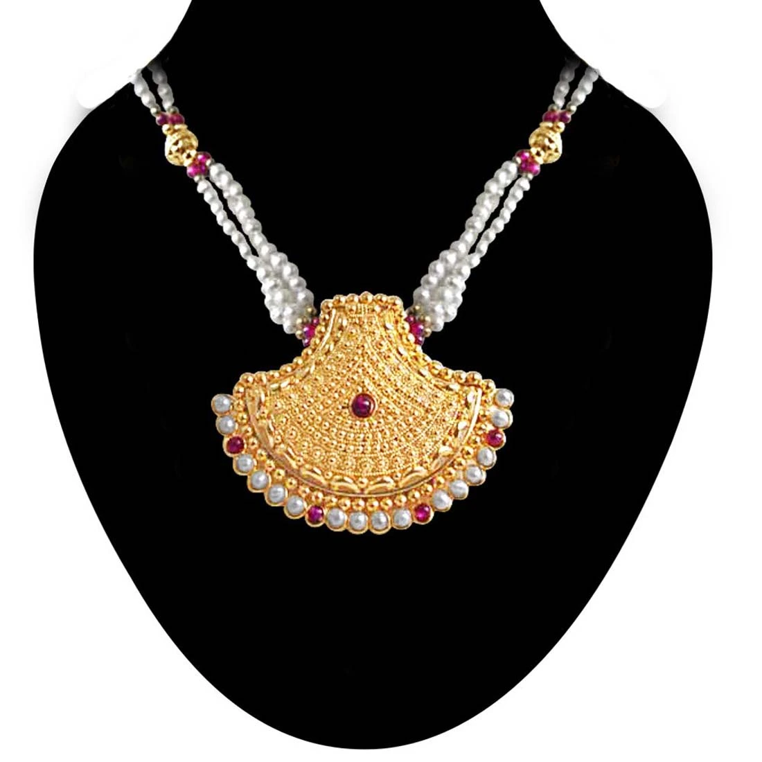 Pearl Glitters - Temple Design Gold Plated Pendant & Three Line Freshwater Pearl & Red Garnet Beads Necklace for Women (SNP10)