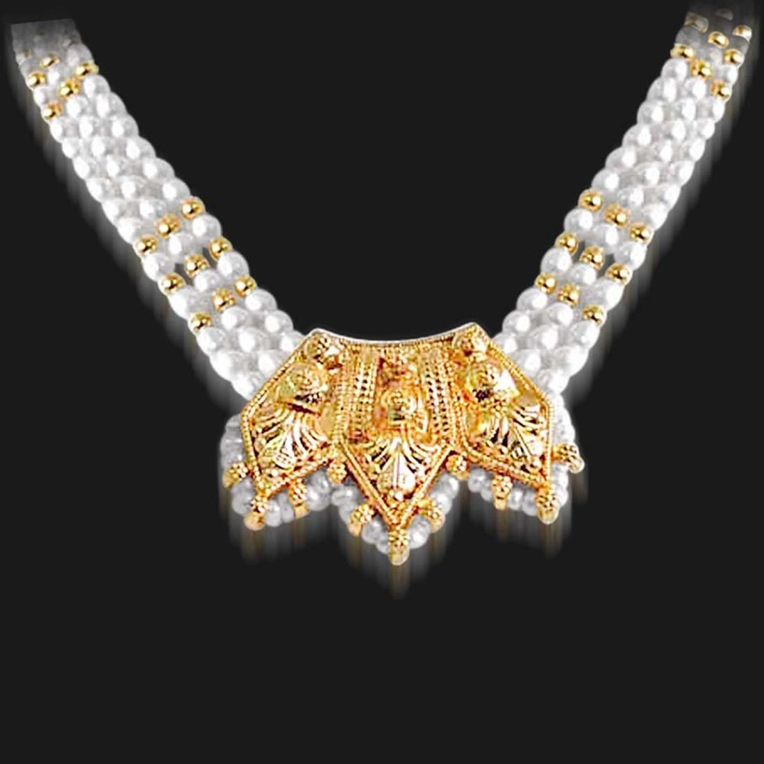 Allure - Gold Plated Temple Design Pendant & 3 Line Rice Pearl Pendant Necklace for Women (SNP11)