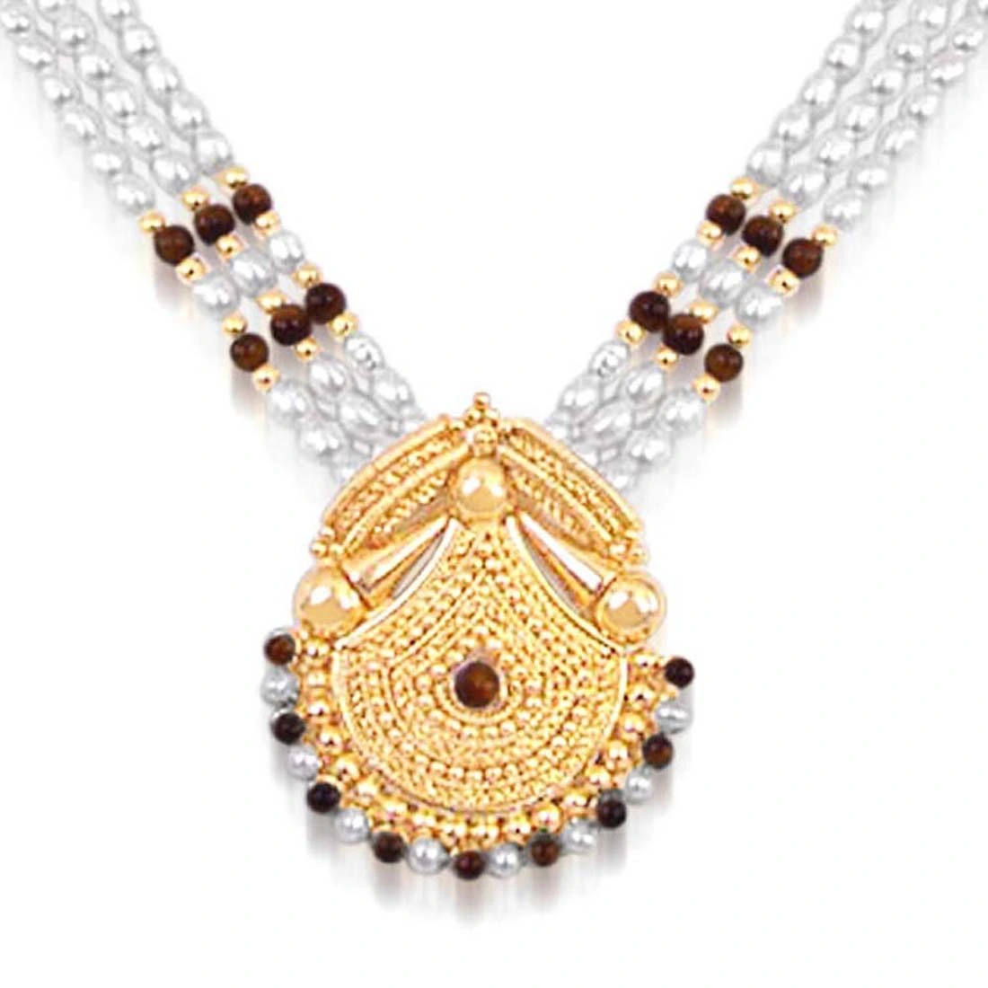 Marvel - Gold Plated Temple Design Pendant & 3 Line Freshwater Pearl & Tiger Eye Beads Necklace for Women (SNP12)