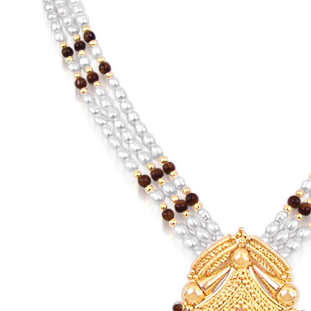 Marvel - Gold Plated Temple Design Pendant & 3 Line Freshwater Pearl & Tiger Eye Beads Necklace for Women (SNP12)