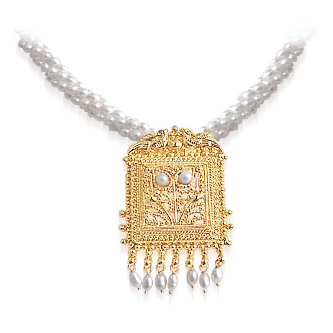 Pearl Grandeur - Gold Plated Temple Design Pendant & 3 Line Twisted Rice Pearl Pendant Necklace for Women (SNP16)