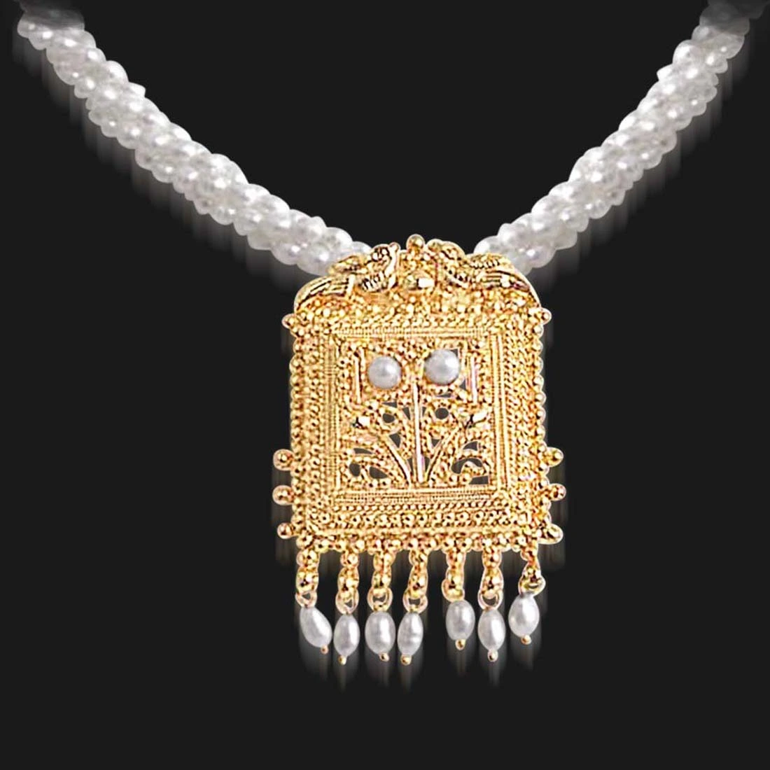 Pearl Grandeur - Gold Plated Temple Design Pendant & 3 Line Twisted Rice Pearl Pendant Necklace for Women (SNP16)