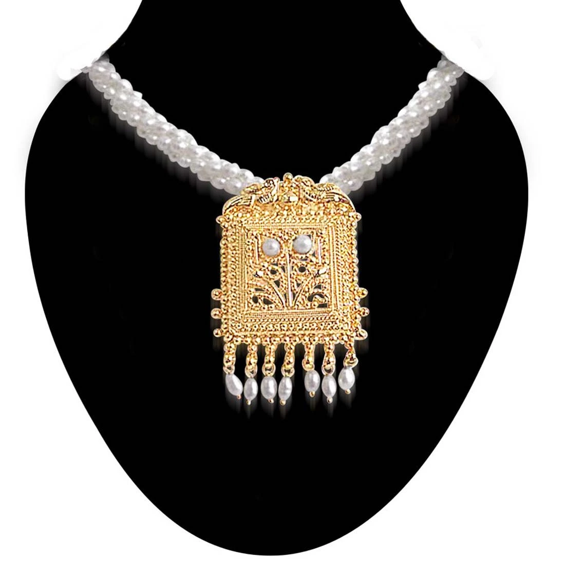 Pearl Grandeur - Gold Plated Temple Design Pendant & 3 Line Twisted Rice Pearl Pendant Necklace for Women (SNP16)