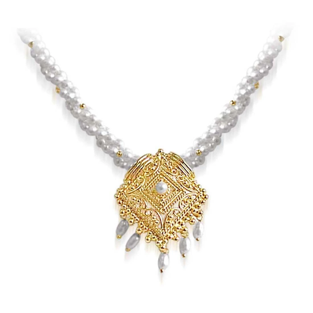 Tantalizing Beauty - Gold Plated Temple Design Pendant & 3 Line Twisted Rice Pearl & Gold Plated Beads Pendant Necklace for Women (SNP18)