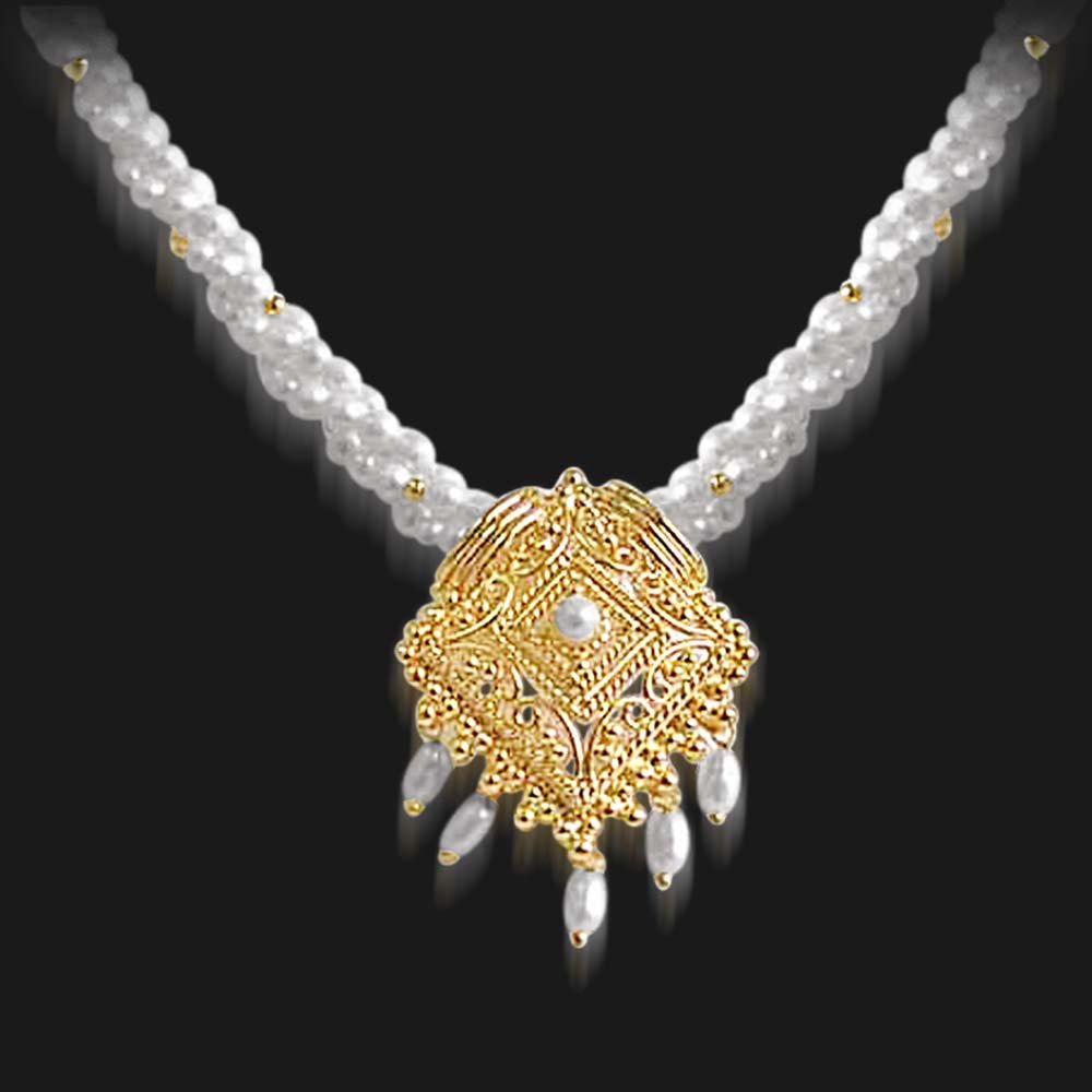 Tantalizing Beauty - Gold Plated Temple Design Pendant & 3 Line Twisted Rice Pearl & Gold Plated Beads Pendant Necklace for Women (SNP18)