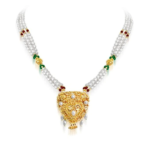 Elegance - Gold Plated Temple Design Pendant & 3 Line Rice Pearl, Green Onyx & Garnet Beads Pendant Necklace for Women (SNP19)