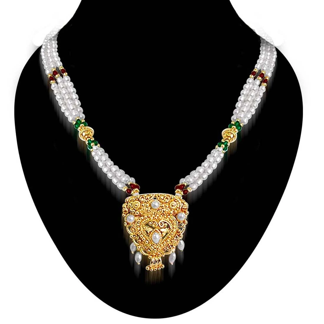 Elegance - Gold Plated Temple Design Pendant & 3 Line Rice Pearl, Green Onyx & Garnet Beads Pendant Necklace for Women (SNP19)