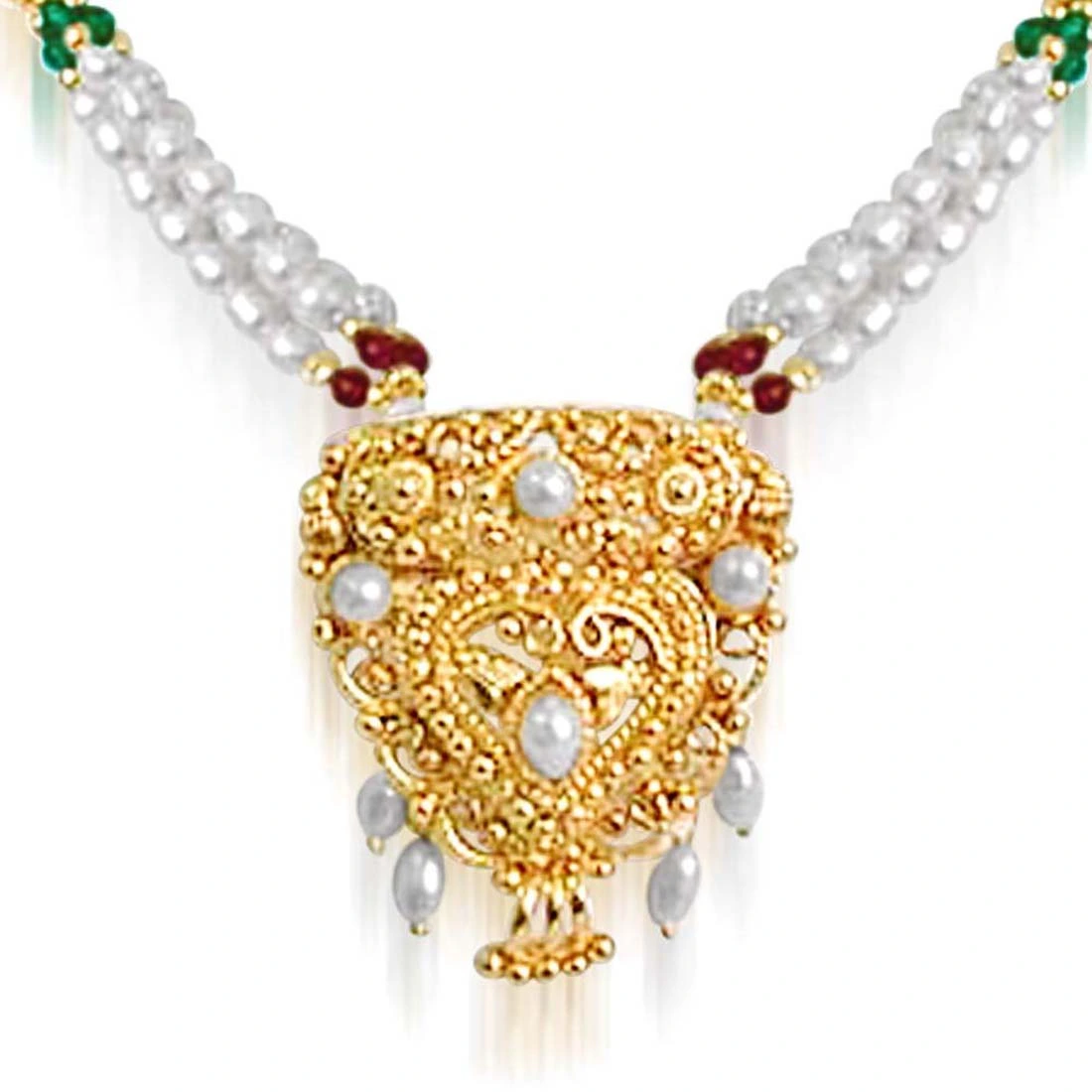 Elegance - Gold Plated Temple Design Pendant & 3 Line Rice Pearl, Green Onyx & Garnet Beads Pendant Necklace for Women (SNP19)