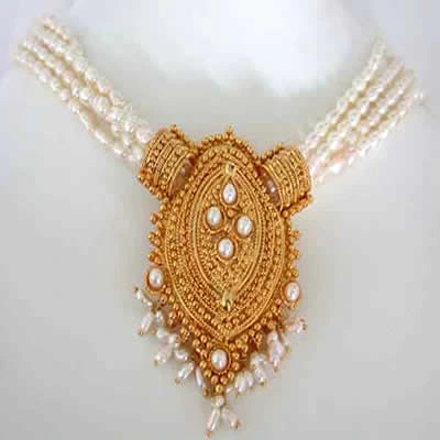 Beautiful Emotion - Gold Plated Temple Design Pendant & 4 Line Freshwater Pearl Necklace for Women (SNP1)