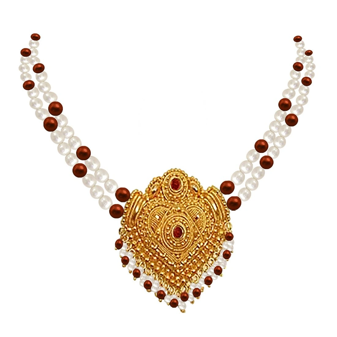 Ornate Beauty - Gold Plated Temple Design Pendant & 2 Line Freshwater Pearl & Tiger Eye Beads Necklace for Women (SNP2)