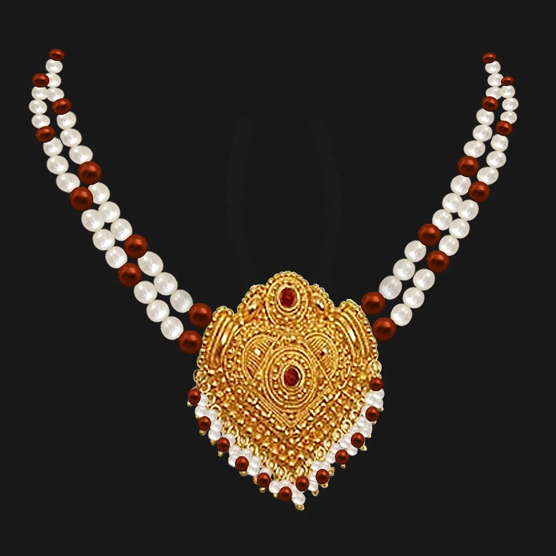 Ornate Beauty - Gold Plated Temple Design Pendant & 2 Line Freshwater Pearl & Tiger Eye Beads Necklace for Women (SNP2)