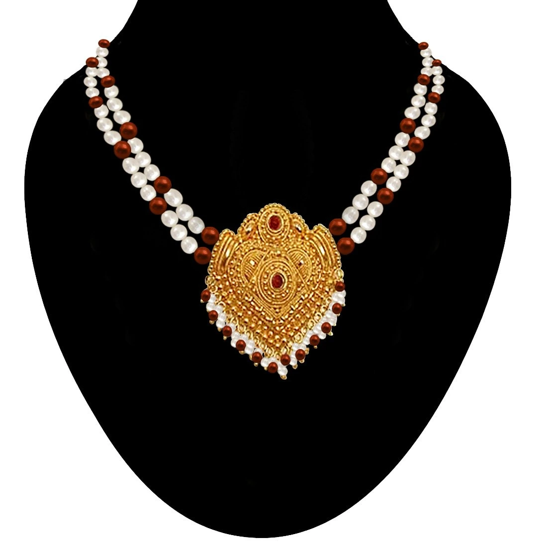 Ornate Beauty - Gold Plated Temple Design Pendant & 2 Line Freshwater Pearl & Tiger Eye Beads Necklace for Women (SNP2)