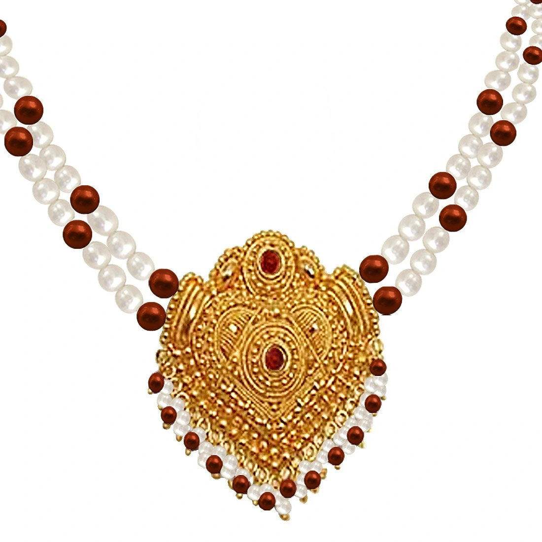 Ornate Beauty - Gold Plated Temple Design Pendant & 2 Line Freshwater Pearl & Tiger Eye Beads Necklace for Women (SNP2)