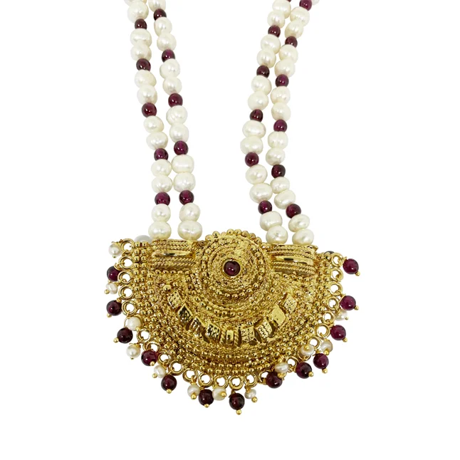 Extraordinary Love - Gold Plated Temple Design Pendant & 3 Line Freshwater Pearl & Garnet Beads Necklace for Women (SNP3)