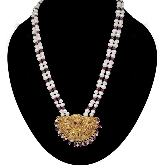 Extraordinary Love - Gold Plated Temple Design Pendant & 3 Line Freshwater Pearl & Garnet Beads Necklace for Women (SNP3)