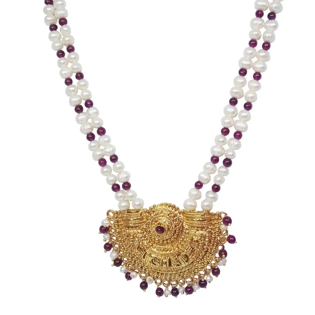 Extraordinary Love - Gold Plated Temple Design Pendant & 3 Line Freshwater Pearl & Garnet Beads Necklace for Women (SNP3)