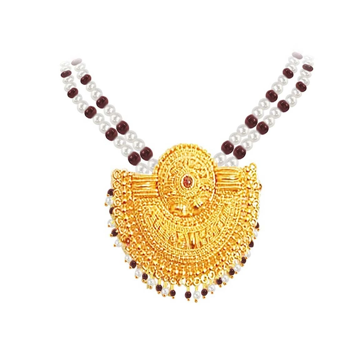 Extraordinary Love - Gold Plated Temple Design Pendant & 3 Line Freshwater Pearl & Garnet Beads Necklace for Women (SNP3)