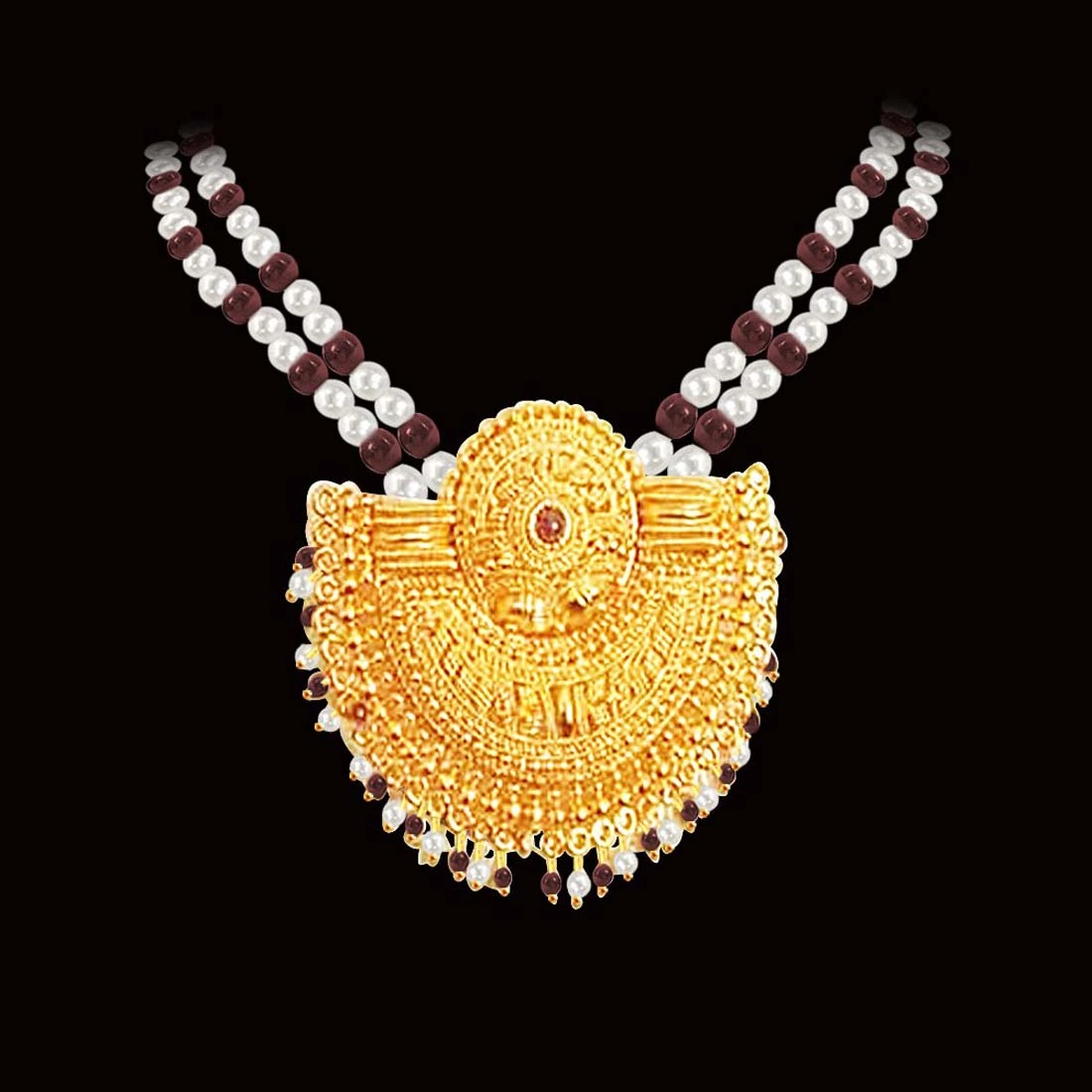 Extraordinary Love - Gold Plated Temple Design Pendant & 3 Line Freshwater Pearl & Garnet Beads Necklace for Women (SNP3)