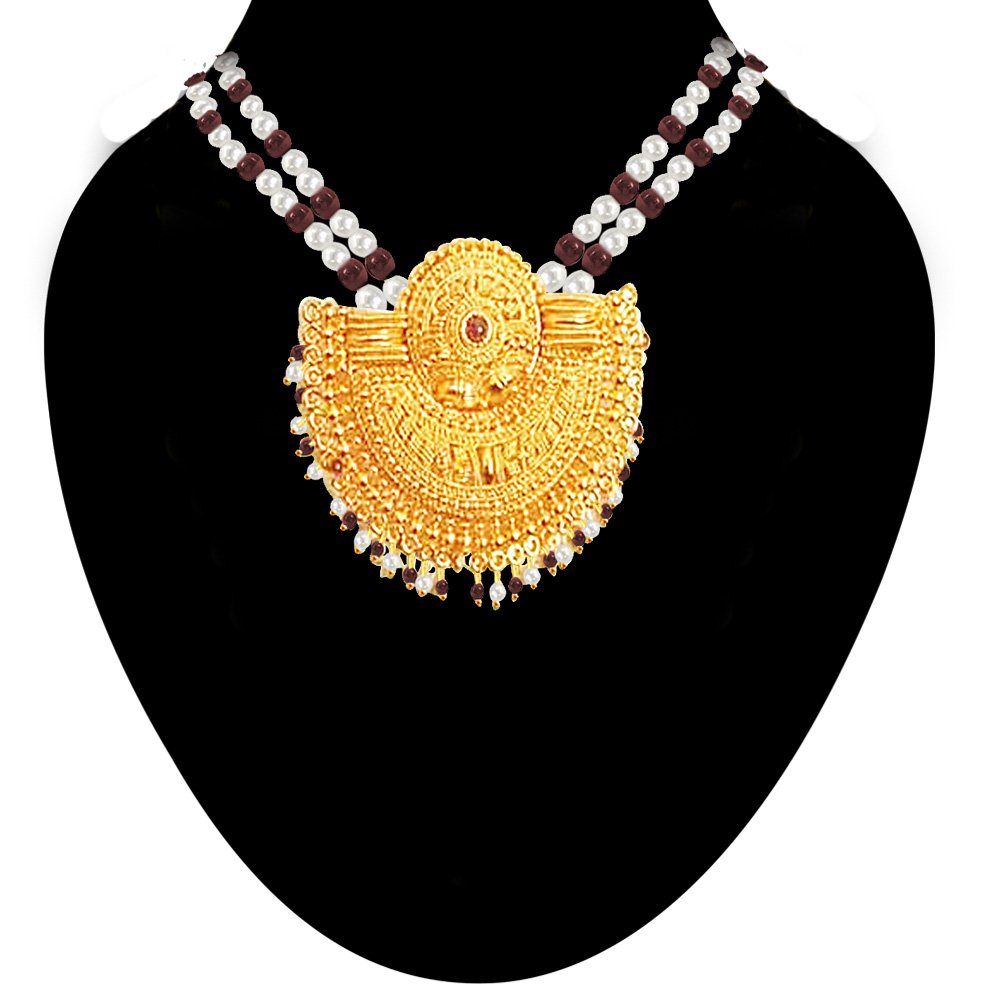 Extraordinary Love - Gold Plated Temple Design Pendant & 3 Line Freshwater Pearl & Garnet Beads Necklace for Women (SNP3)