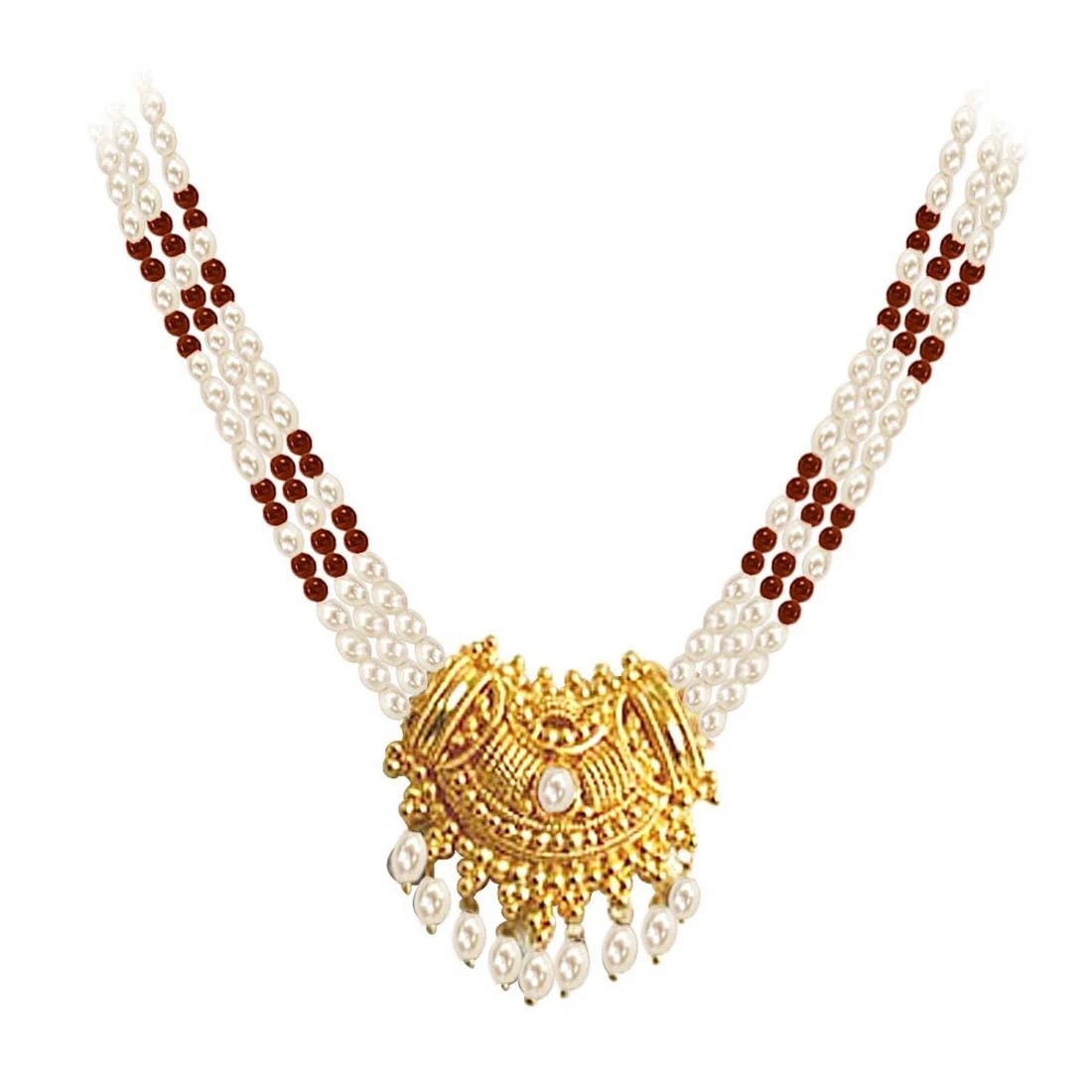 Gold Plated Temple Design Pendant & 3 Line Rice Pearl & Garnet Beads Necklace for Women (SNP4A)