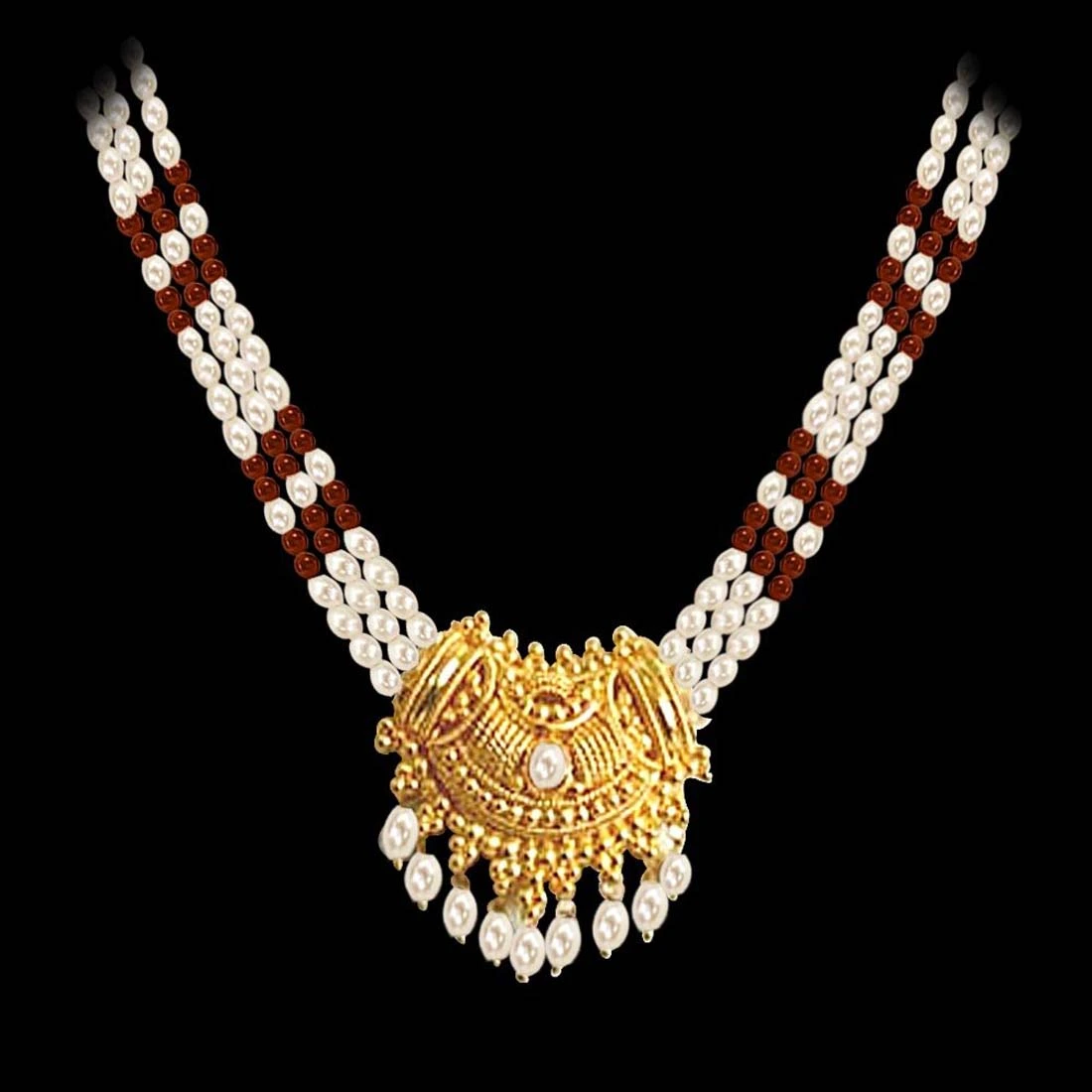 Gold Plated Temple Design Pendant & 3 Line Rice Pearl & Garnet Beads Necklace for Women (SNP4A)