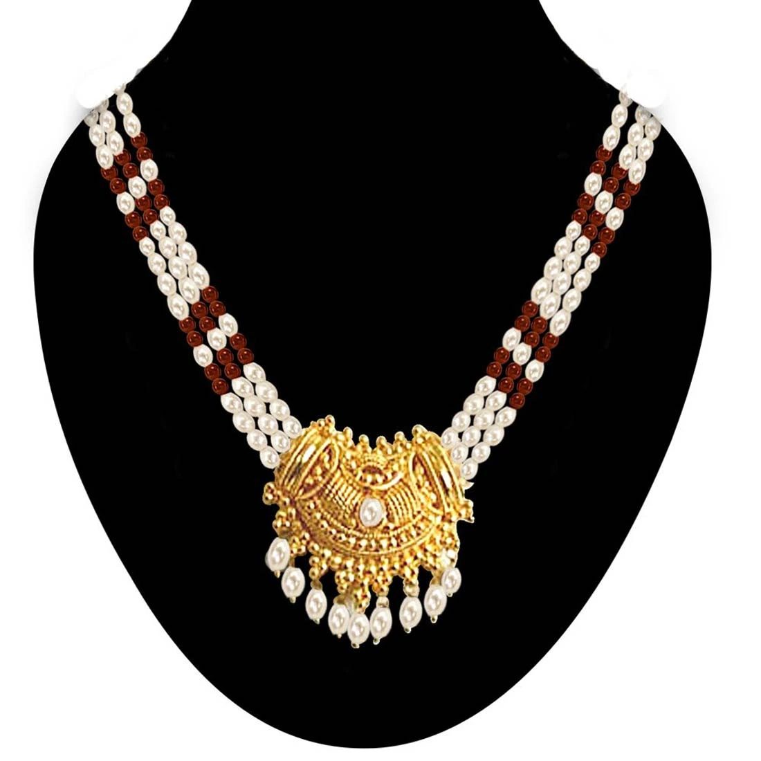 Gold Plated Temple Design Pendant & 3 Line Rice Pearl & Garnet Beads Necklace for Women (SNP4A)