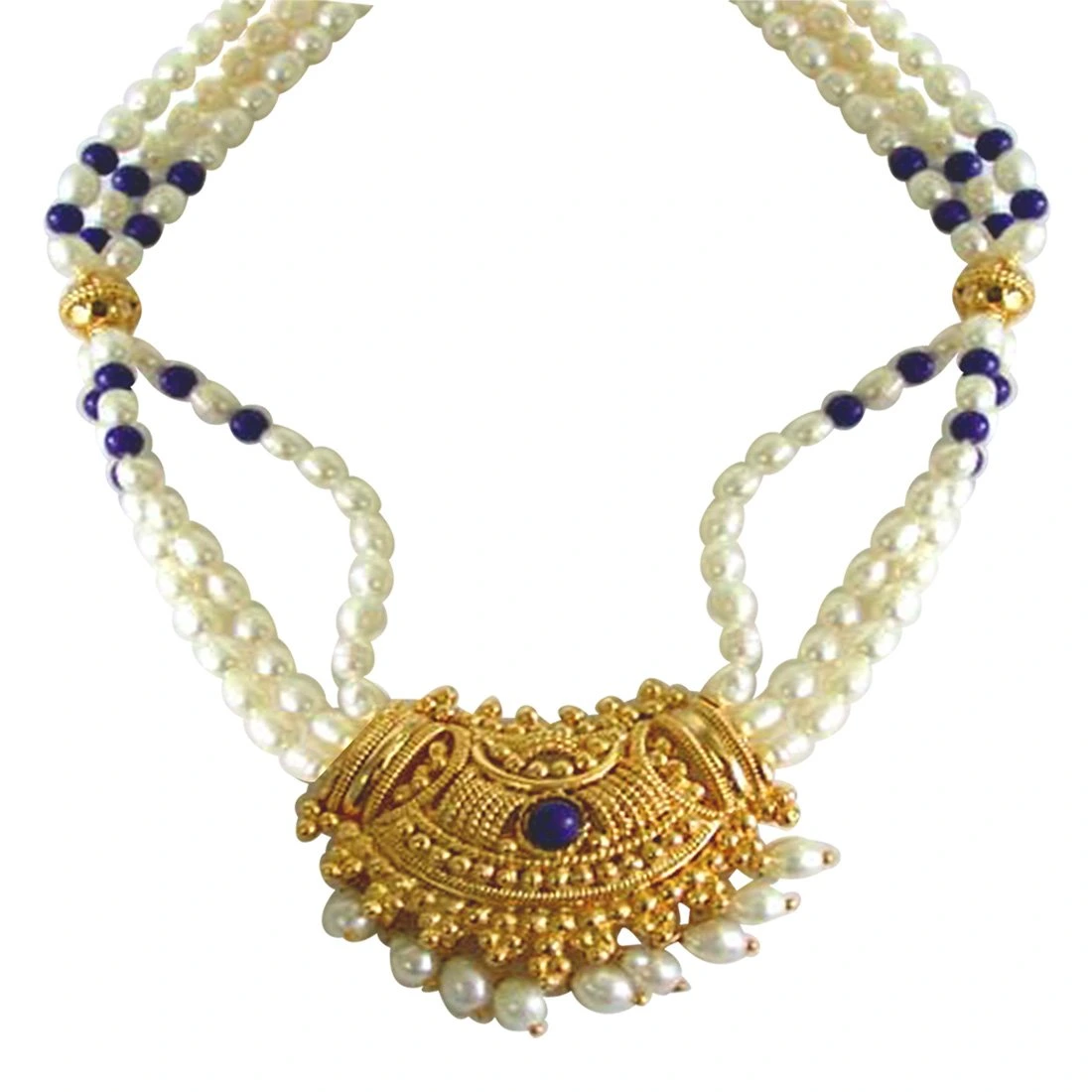Gold Plated Temple Design Pendant, 3 Line Rice Pearl & Blue Lapiz Beads Pendant Necklace for Women (SNP4B)