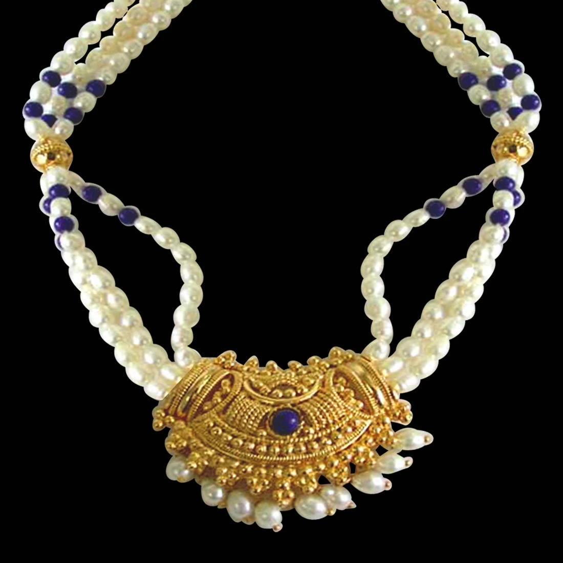 Gold Plated Temple Design Pendant, 3 Line Rice Pearl & Blue Lapiz Beads Pendant Necklace for Women (SNP4B)