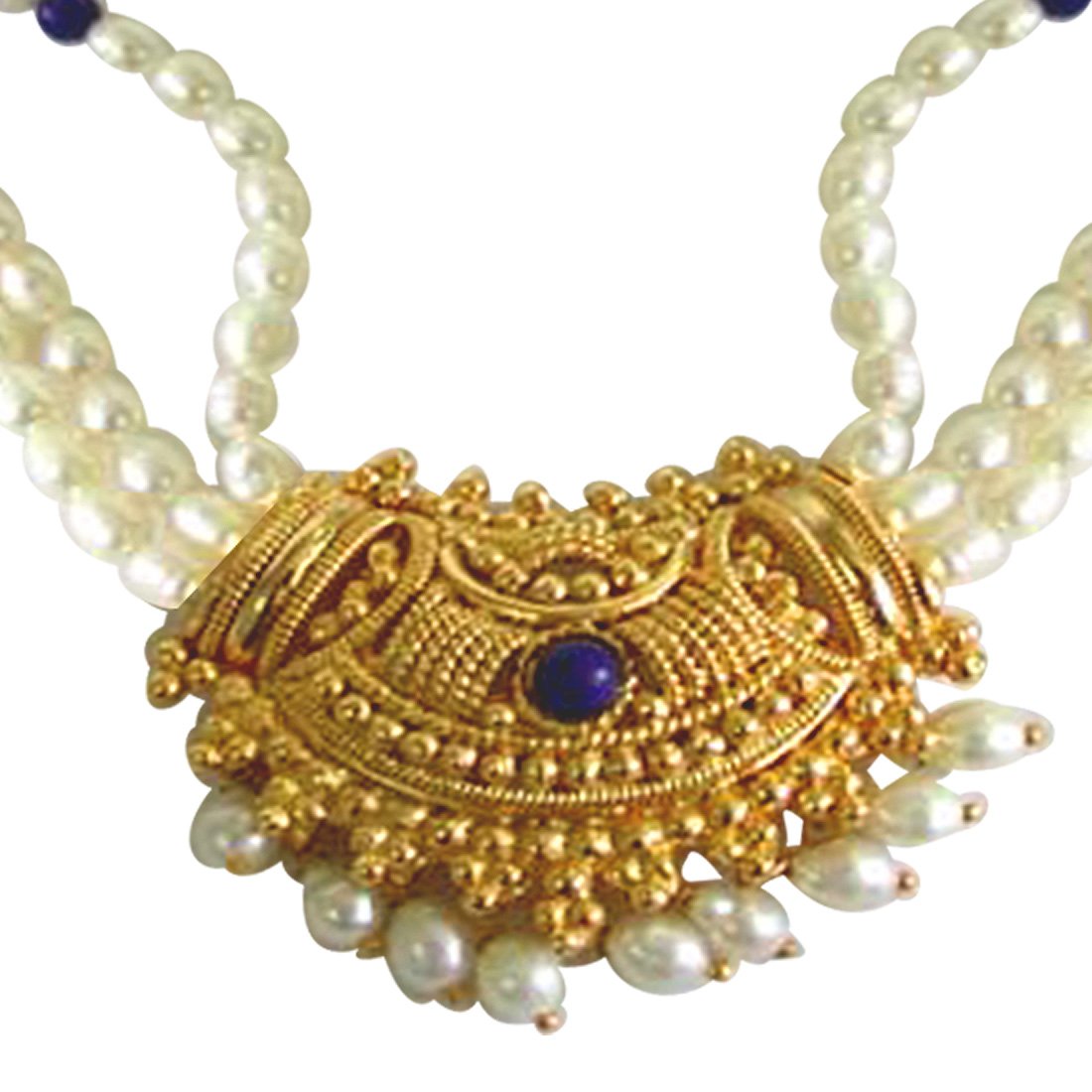 Gold Plated Temple Design Pendant, 3 Line Rice Pearl & Blue Lapiz Beads Pendant Necklace for Women (SNP4B)