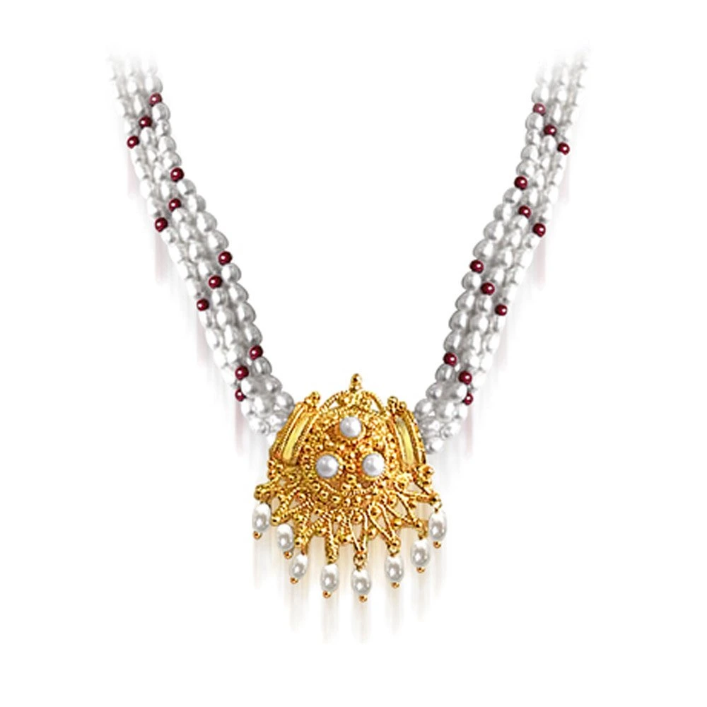 Gold Plated Temple Design Pendant, 3 Line Rice Pearl & Red Garnet Beads Pendant Necklace for Women (SNP9A)