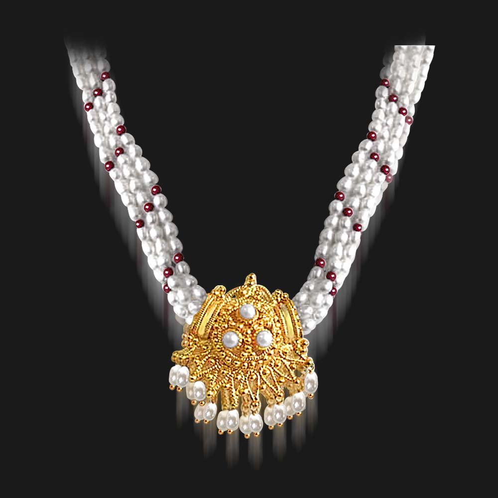 Gold Plated Temple Design Pendant, 3 Line Rice Pearl & Red Garnet Beads Pendant Necklace for Women (SNP9A)