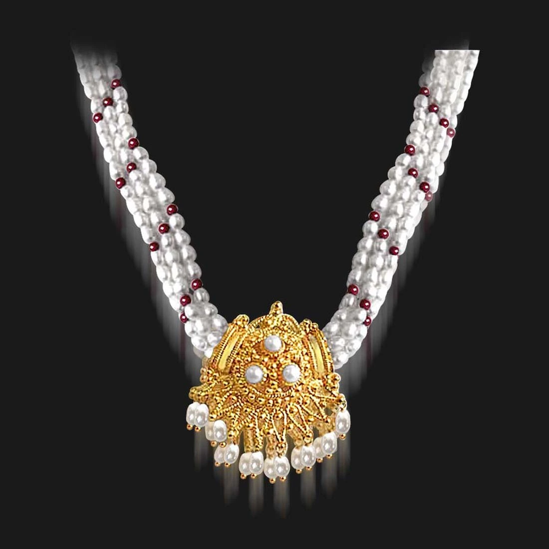 Gold Plated Temple Design Pendant, 3 Line Rice Pearl & Red Garnet Beads Pendant Necklace for Women (SNP9A)