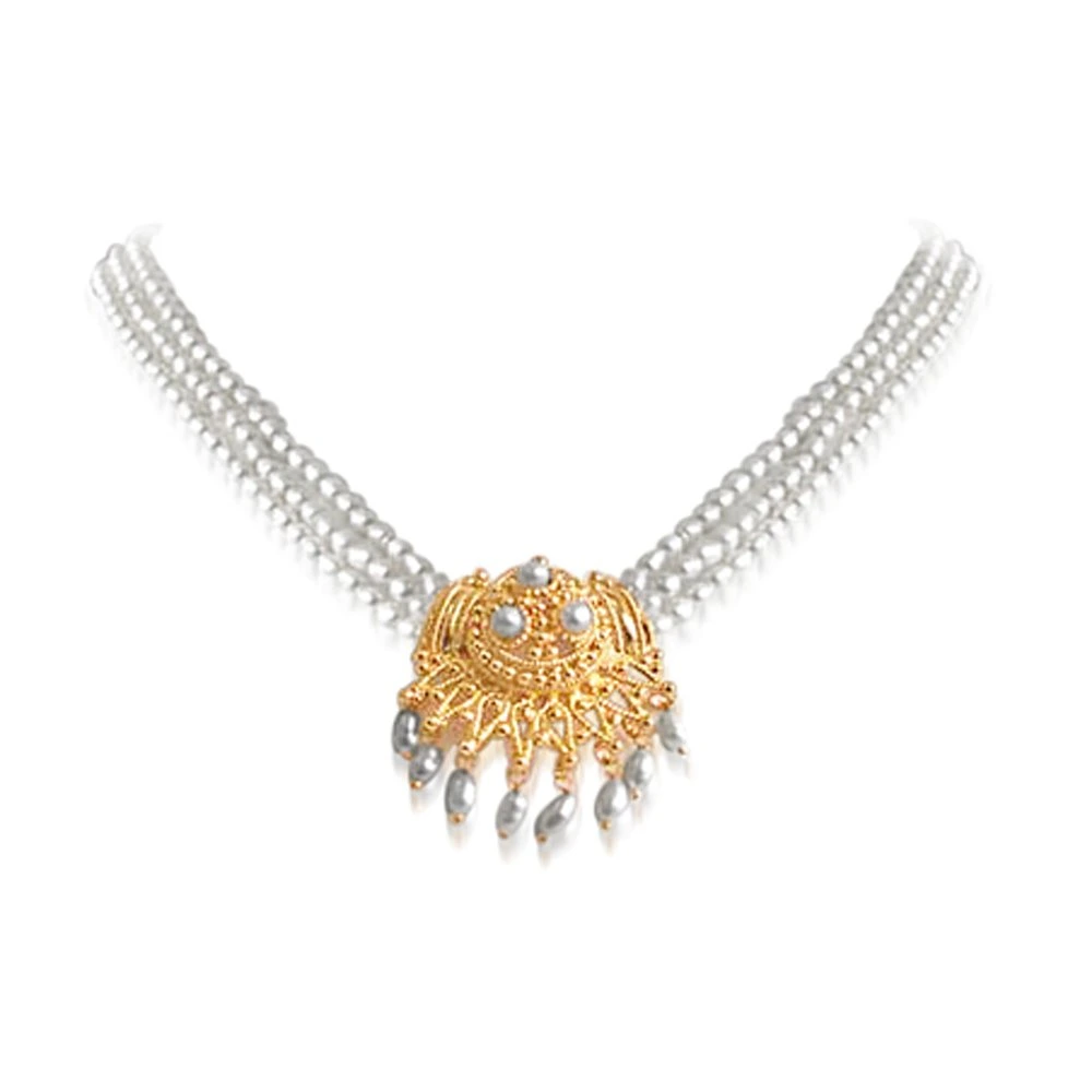 Gold Plated Temple Design Pendant & 3 Line Rice Pearl Necklace for Women (SNP9B)