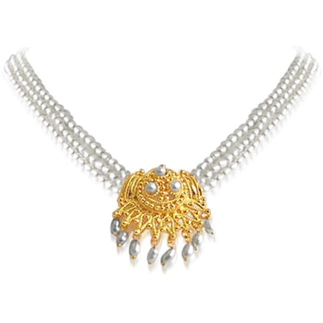 Gold Plated Temple Design Pendant & 3 Line Rice Pearl Necklace for Women (SNP9B)