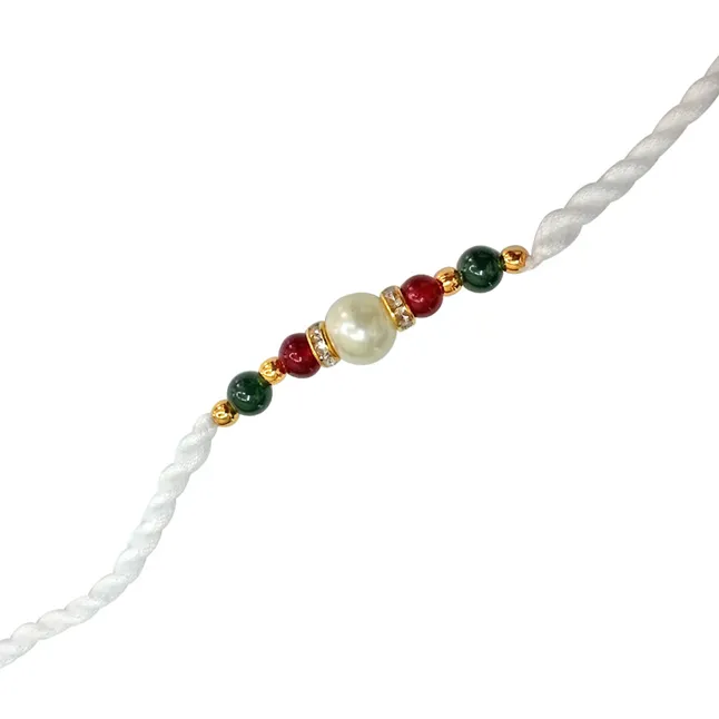 Blue, Red & White Shell Pearl Rakhi for Brothers (SNSH4+SNSH1+SNSH3)