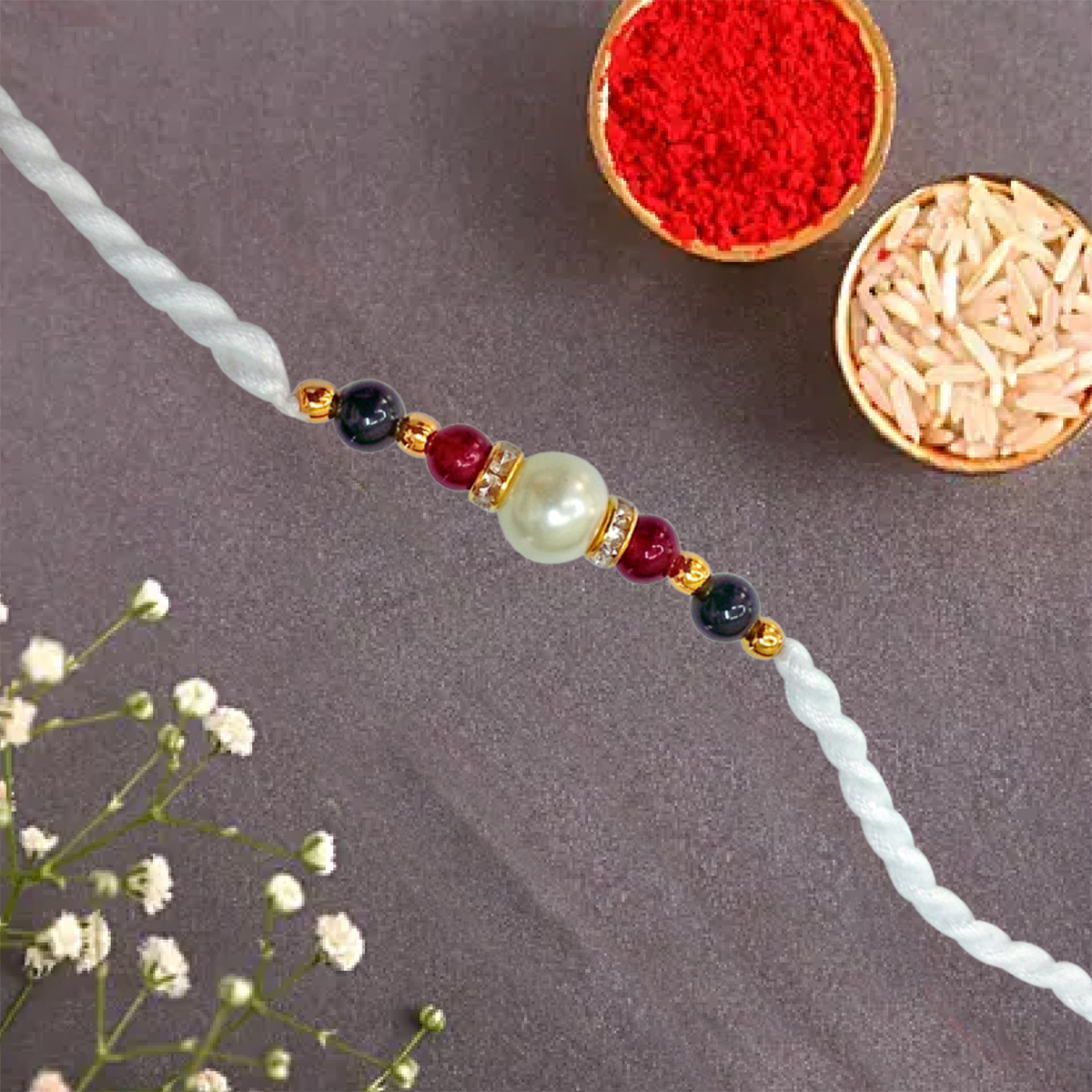 Shell Pearl & Red-Blue Coloured Stone Rakhi for Brothers (SNSH1+SNSH3)