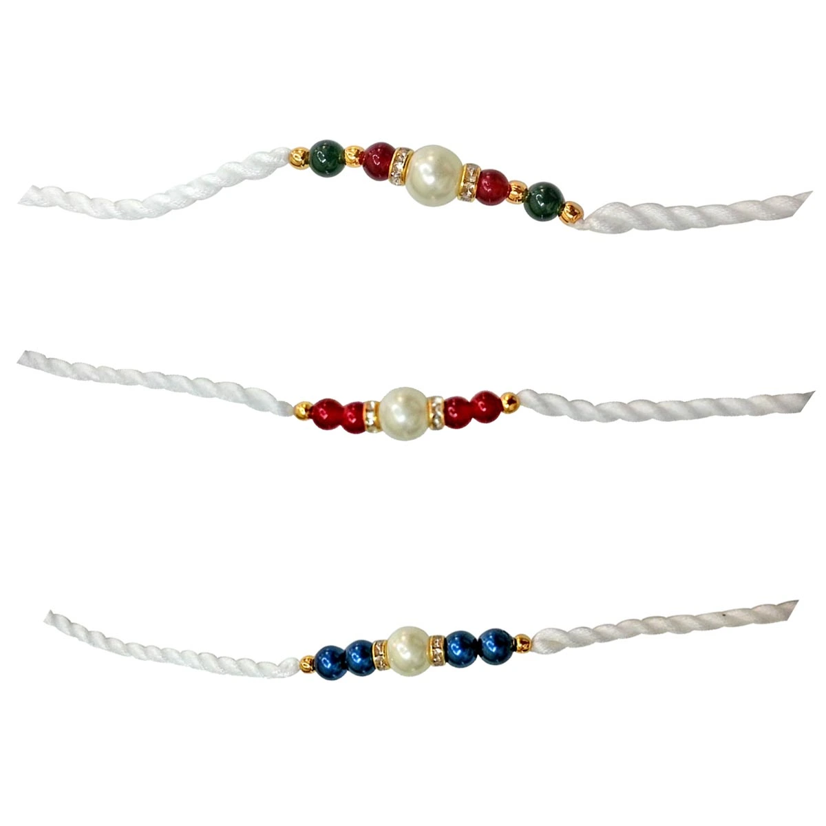 Shell Pearl, Red & Blue Coloured Stone Rakhi (SNSH1+SNSH2+SNSH3)