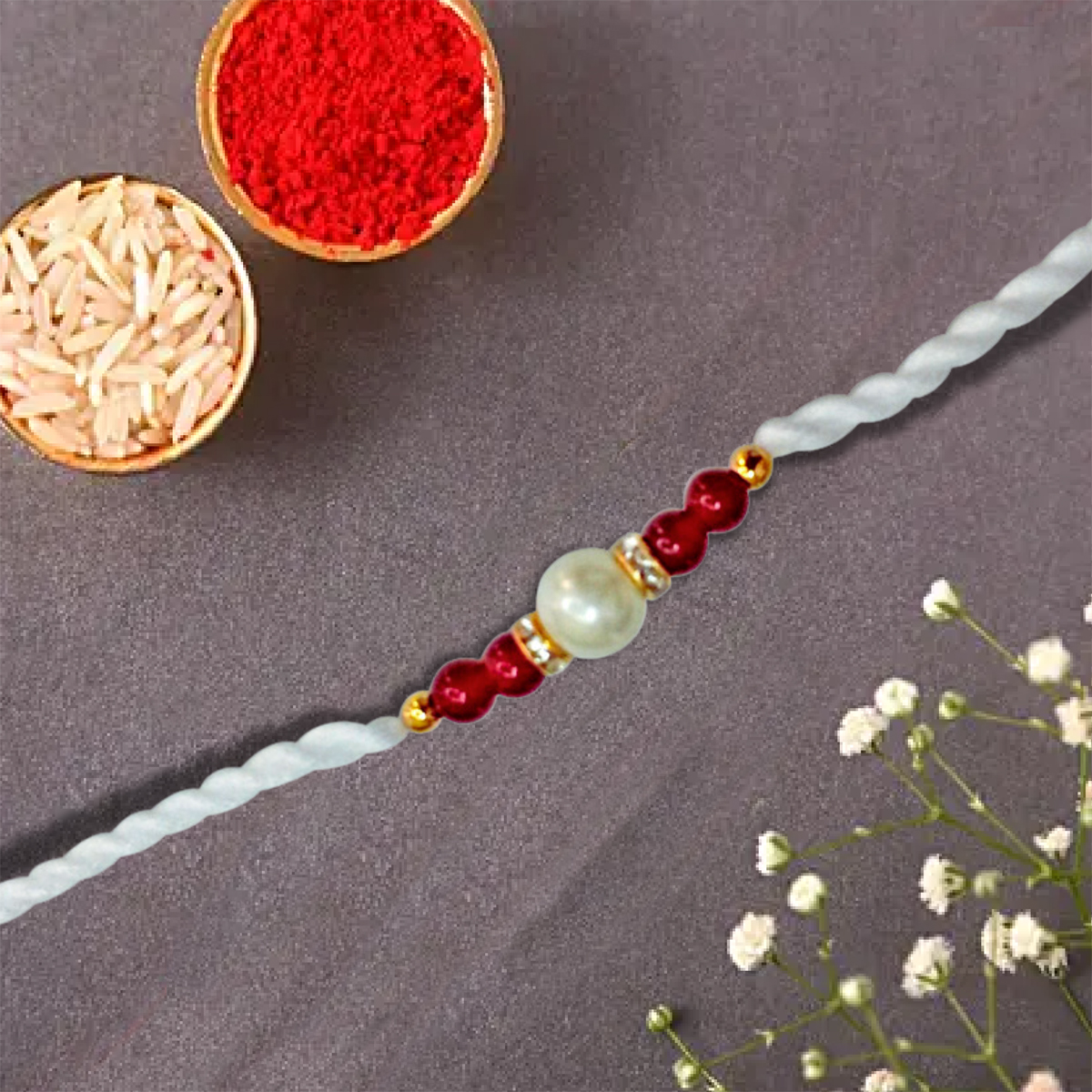 White Shell Pearl & Red Coloured Stone Rakhi for Brothers (SNSH4+SNSH2)