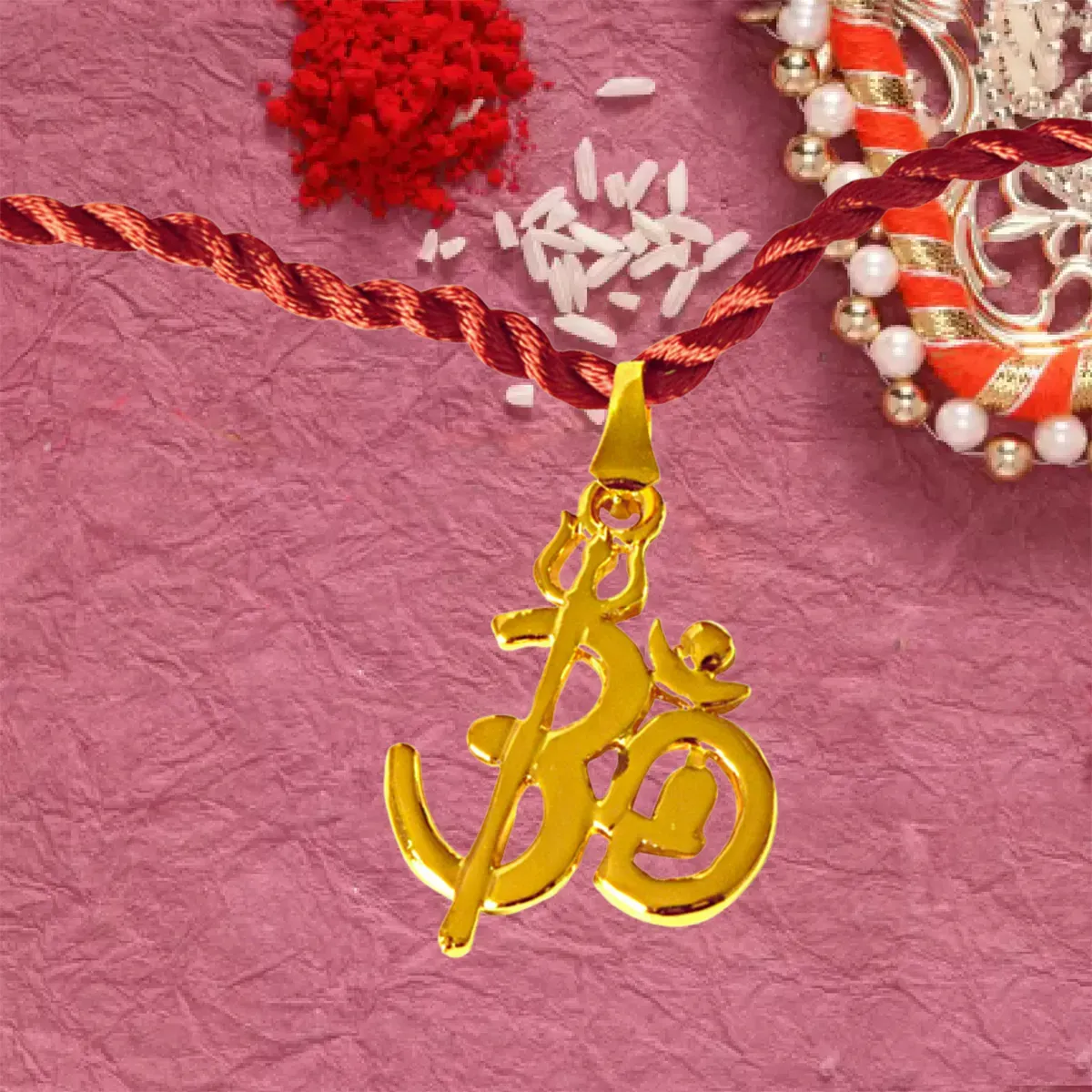 OM Shivay Trishul Gold Plated Religious Rakhi for Brothers (SNSH5)